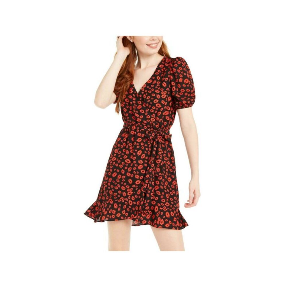 LOLA GRACE Womens Faux Wrap Mini Dress Black Tie Pouf Sleeve V Neck Juniors S - Picture 1 of 1